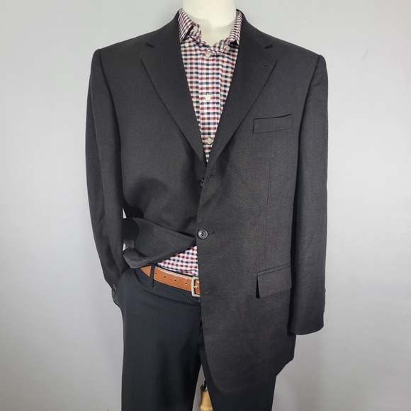 John Ashford Mens Sport Coat Blazer Three Button Black Linen Poly Blend Size 44R